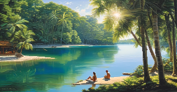 A tropical landscape with a clear lake and people enjoying the water, surrounded by lush greenery and dappled sunlight.