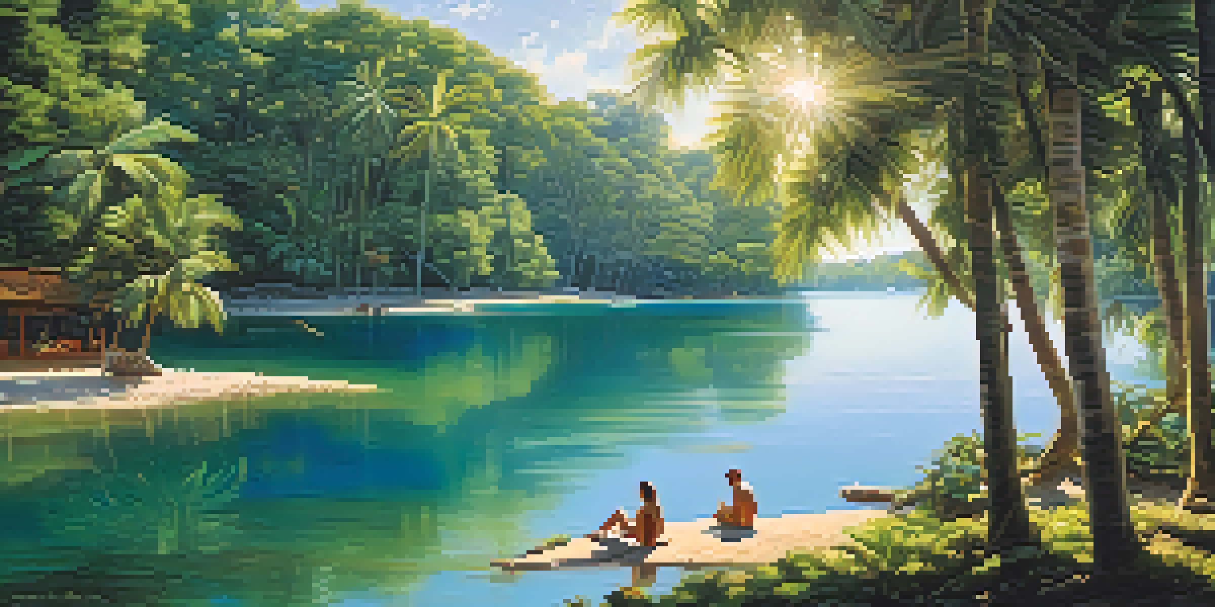 A tropical landscape with a clear lake and people enjoying the water, surrounded by lush greenery and dappled sunlight.