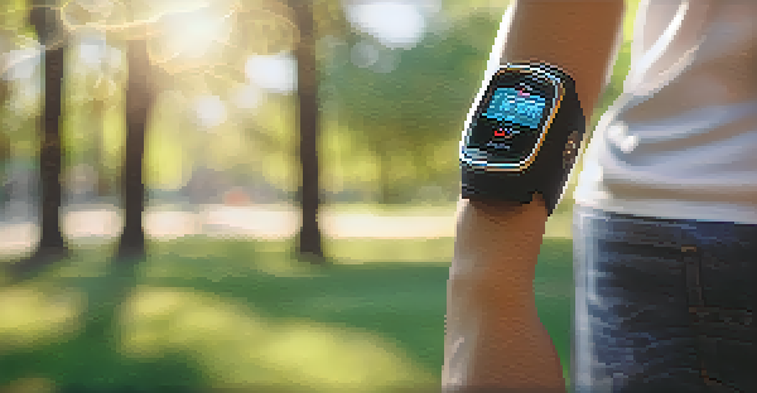 A close-up of a modern wearable health device showing vital signs on a person's wrist in a park.