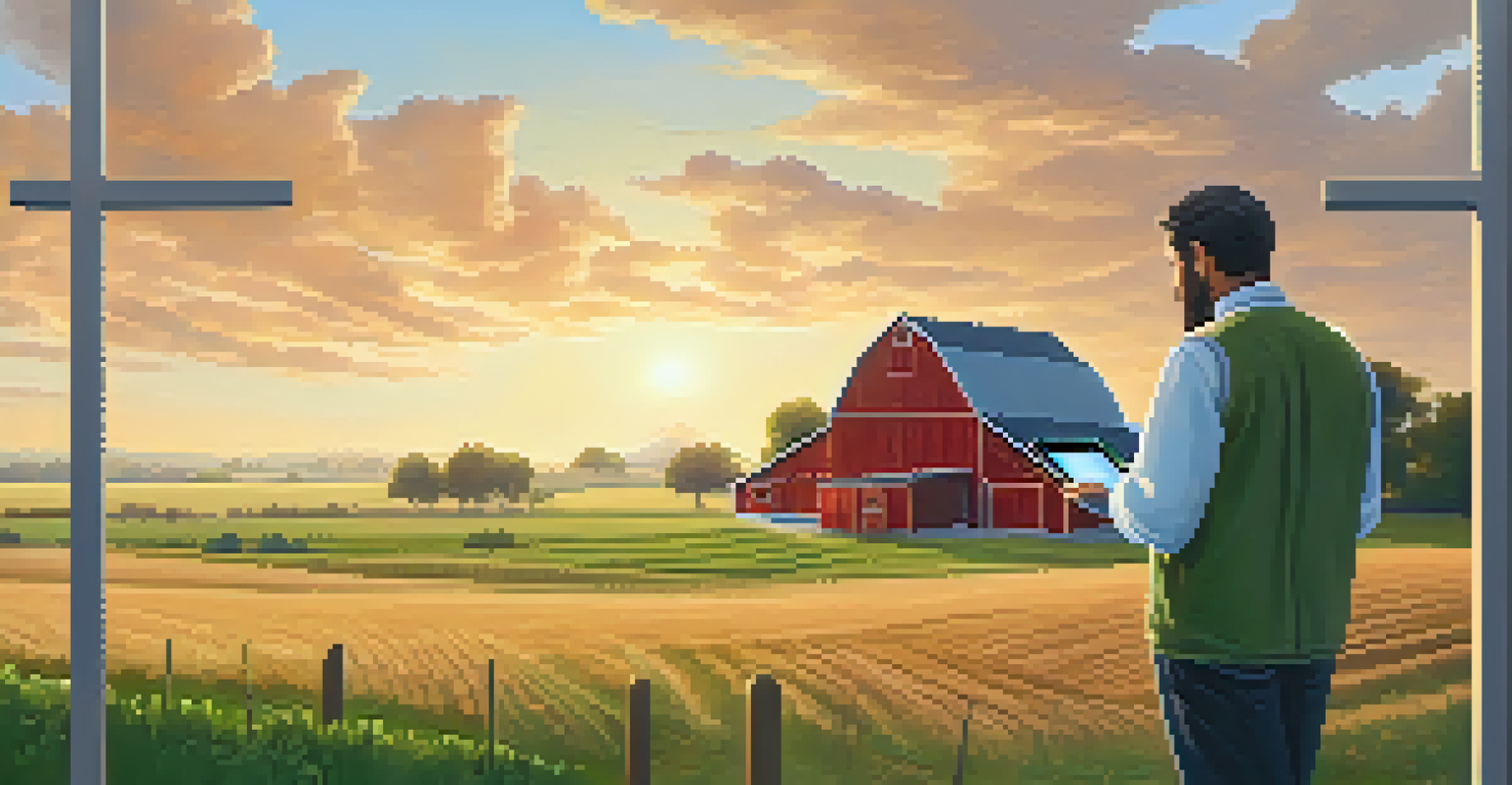 A farmer in a rural landscape using a tablet for telehealth consultation with a healthcare specialist, surrounded by fields and a barn.