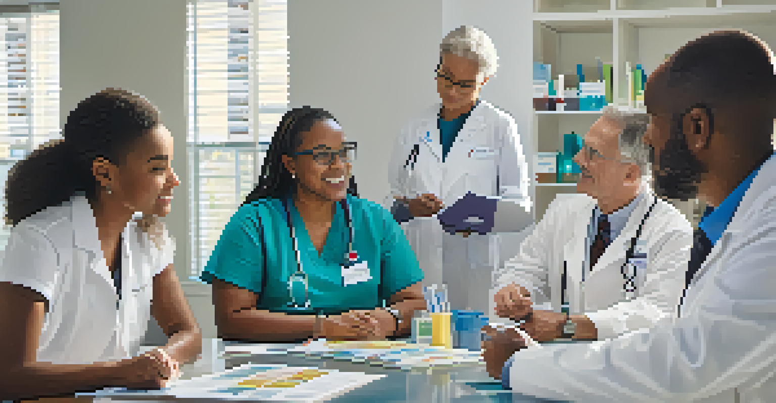 A diverse group of patients and healthcare providers discussing personalized medicine in a clinic setting.