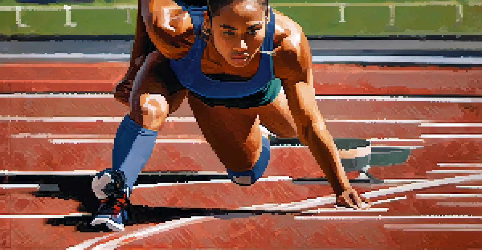 An athlete performing dynamic warm-up exercises on a track field, showcasing their movements against a backdrop of track equipment.