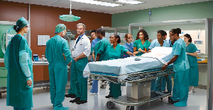 Healthcare professionals working together in a busy emergency room, attending to a patient on a stretcher with medical equipment around them.
