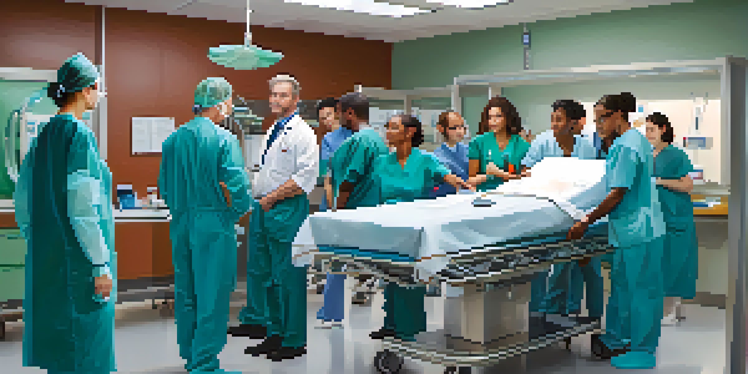 Healthcare professionals working together in a busy emergency room, attending to a patient on a stretcher with medical equipment around them.
