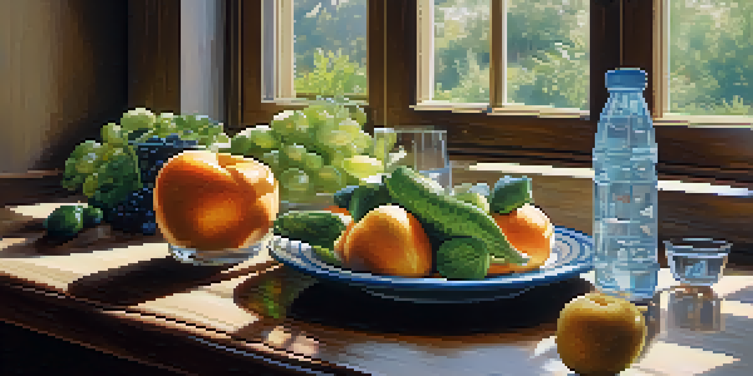 A healthy lifestyle scene with a balanced meal of fruits and vegetables, soft morning light, and running shoes.