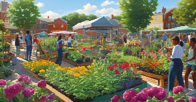 A community garden with diverse people working together under warm sunlight, surrounded by various plants and flowers.