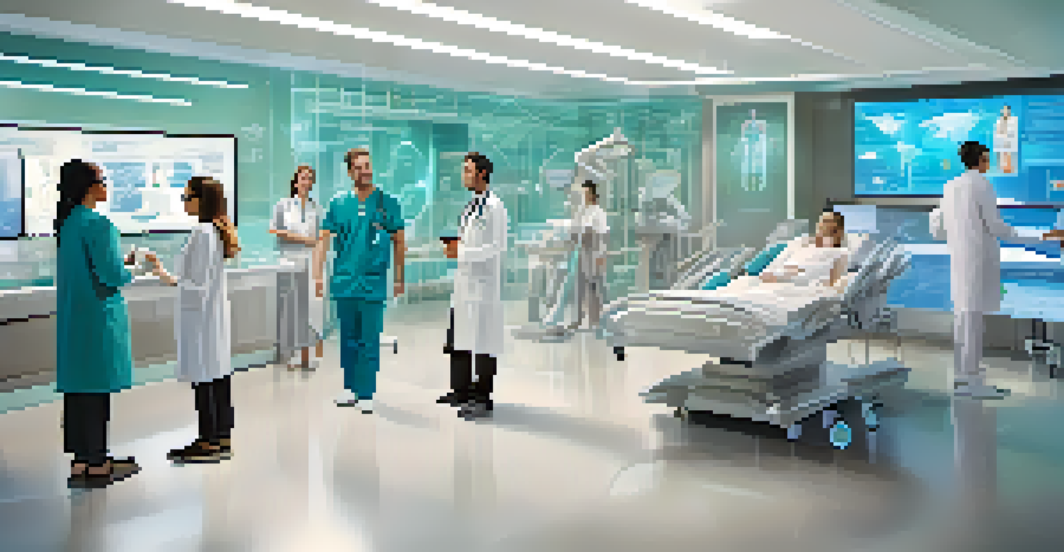 A modern hospital scene with doctors and patients using augmented reality to view health data, showcasing advanced healthcare technology.