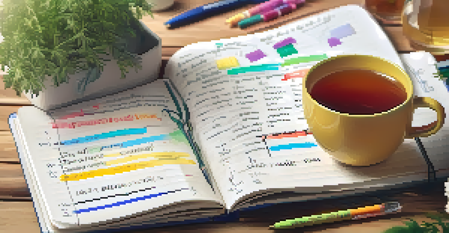 An open notebook with handwritten notes about a personalized care plan, surrounded by colorful pens and a cup of tea on a wooden table.