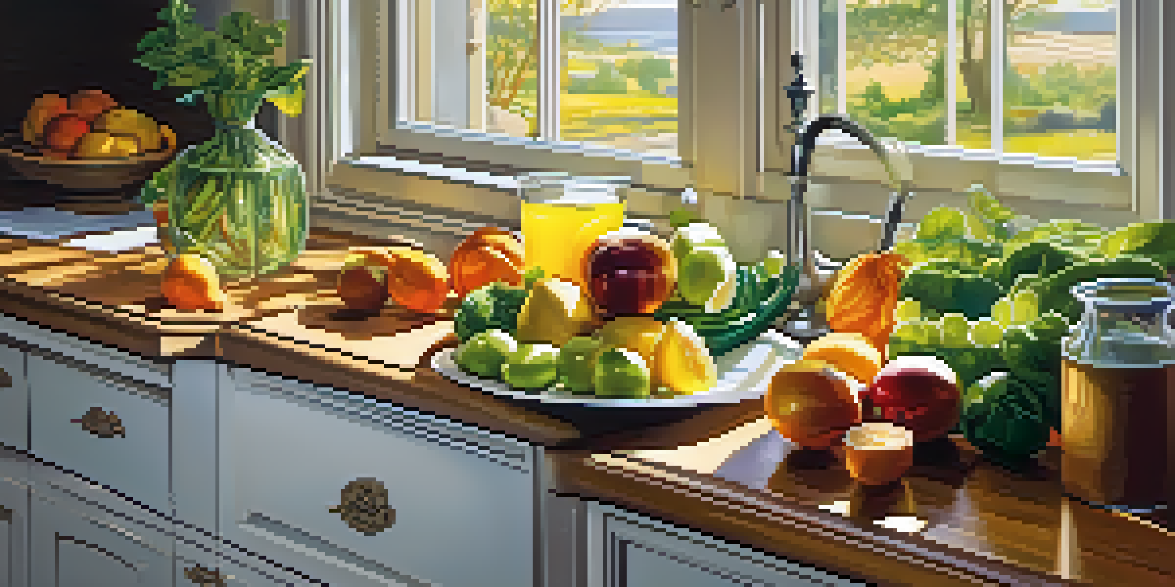 A bright kitchen with fresh fruits and vegetables on a countertop, alongside a glass of lemon-infused water, illuminated by warm sunlight.