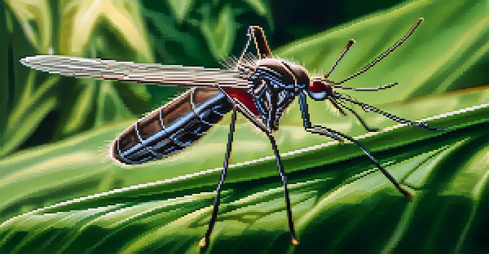 A close-up view of a mosquito on a green leaf with sunlight filtering through the leaves.