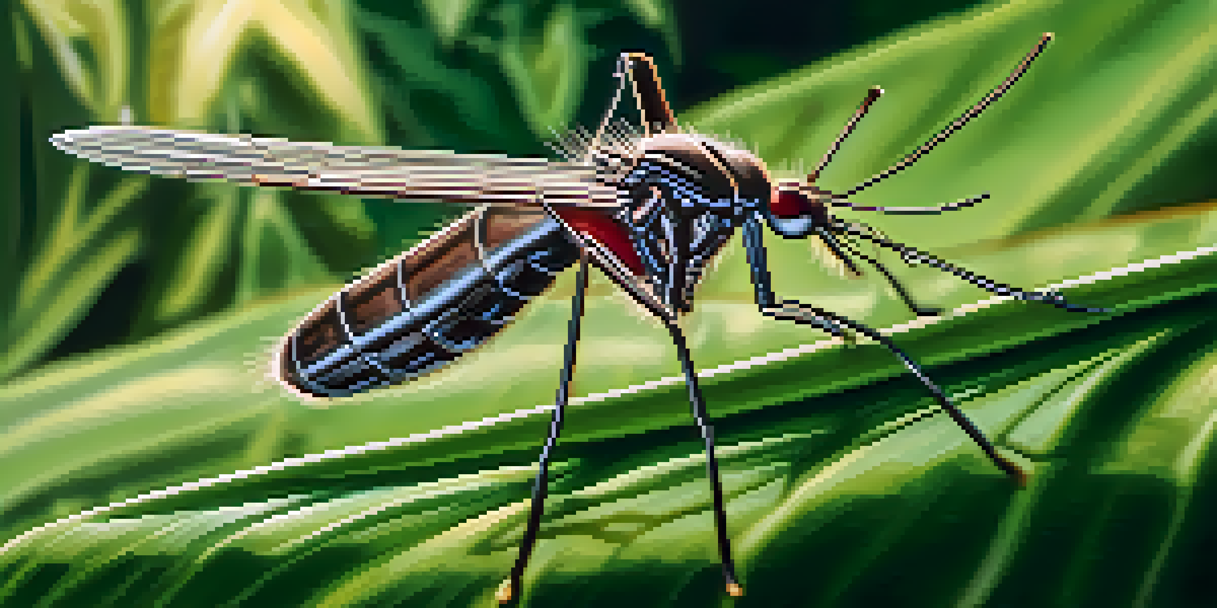A close-up view of a mosquito on a green leaf with sunlight filtering through the leaves.