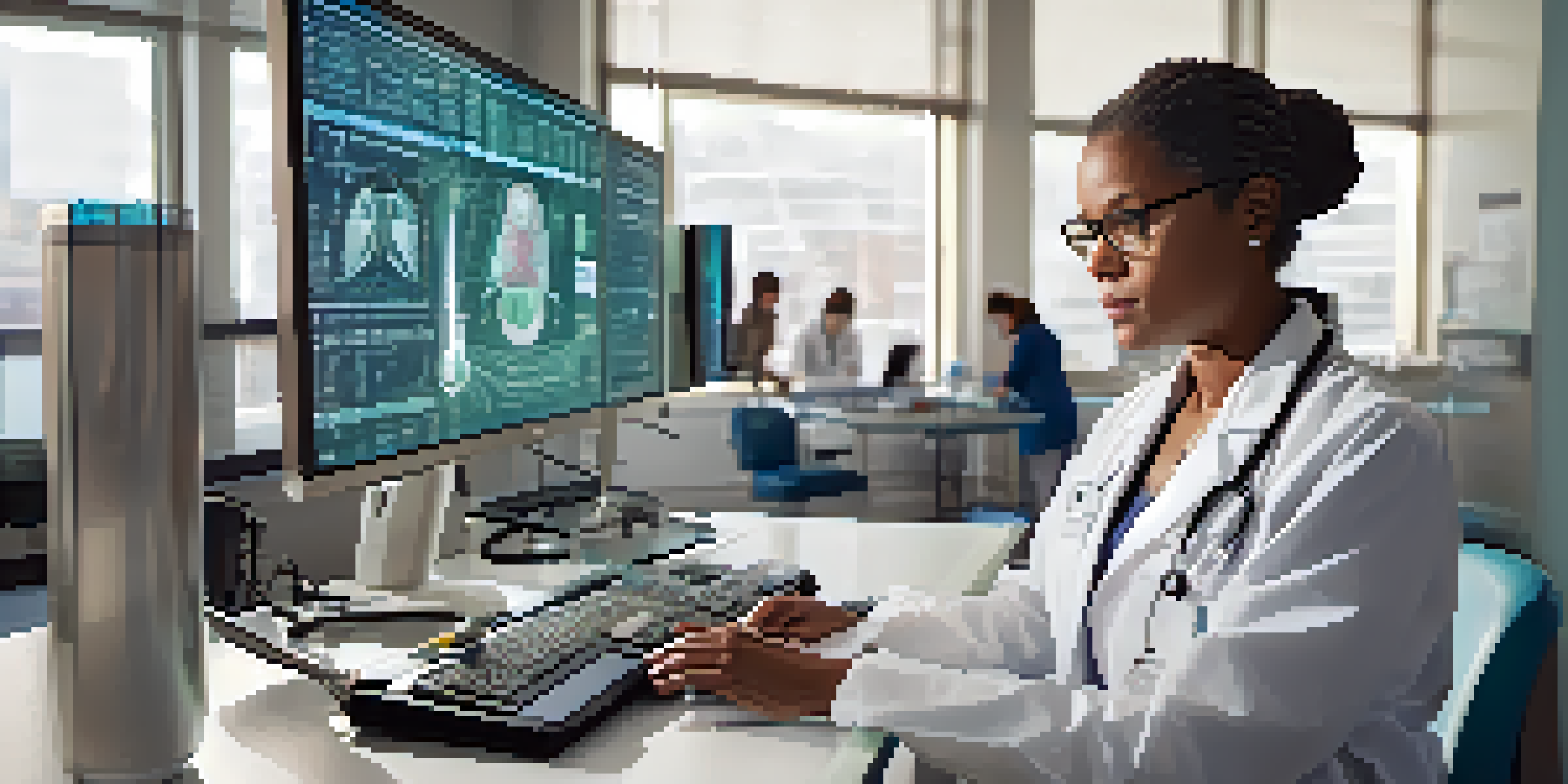 A middle-aged female healthcare professional examining patient data on a computer in a bright, modern office filled with advanced medical devices.