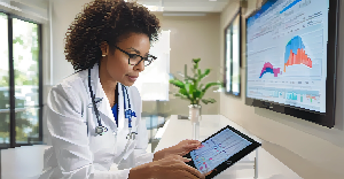 A healthcare professional monitoring a patient's vital signs on a tablet in a modern clinic, with sunlight streaming through a large window.