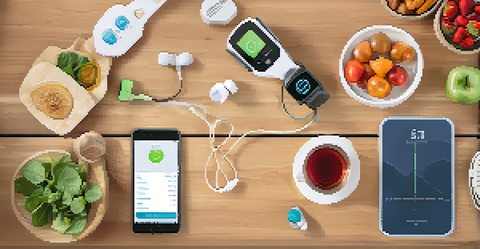 An overhead view of a wooden table with health tracking devices and a smartphone showing a health app, alongside a healthy meal.