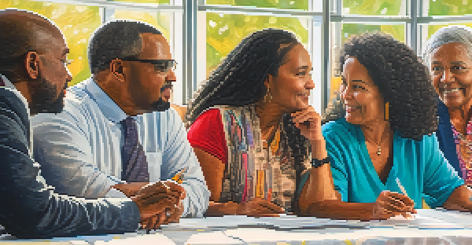 A diverse group of community members discussing health issues at a local forum, with bright colors and natural light.