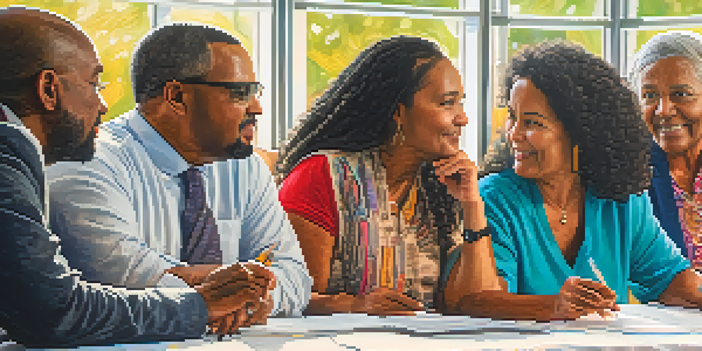 A diverse group of community members discussing health issues at a local forum, with bright colors and natural light.