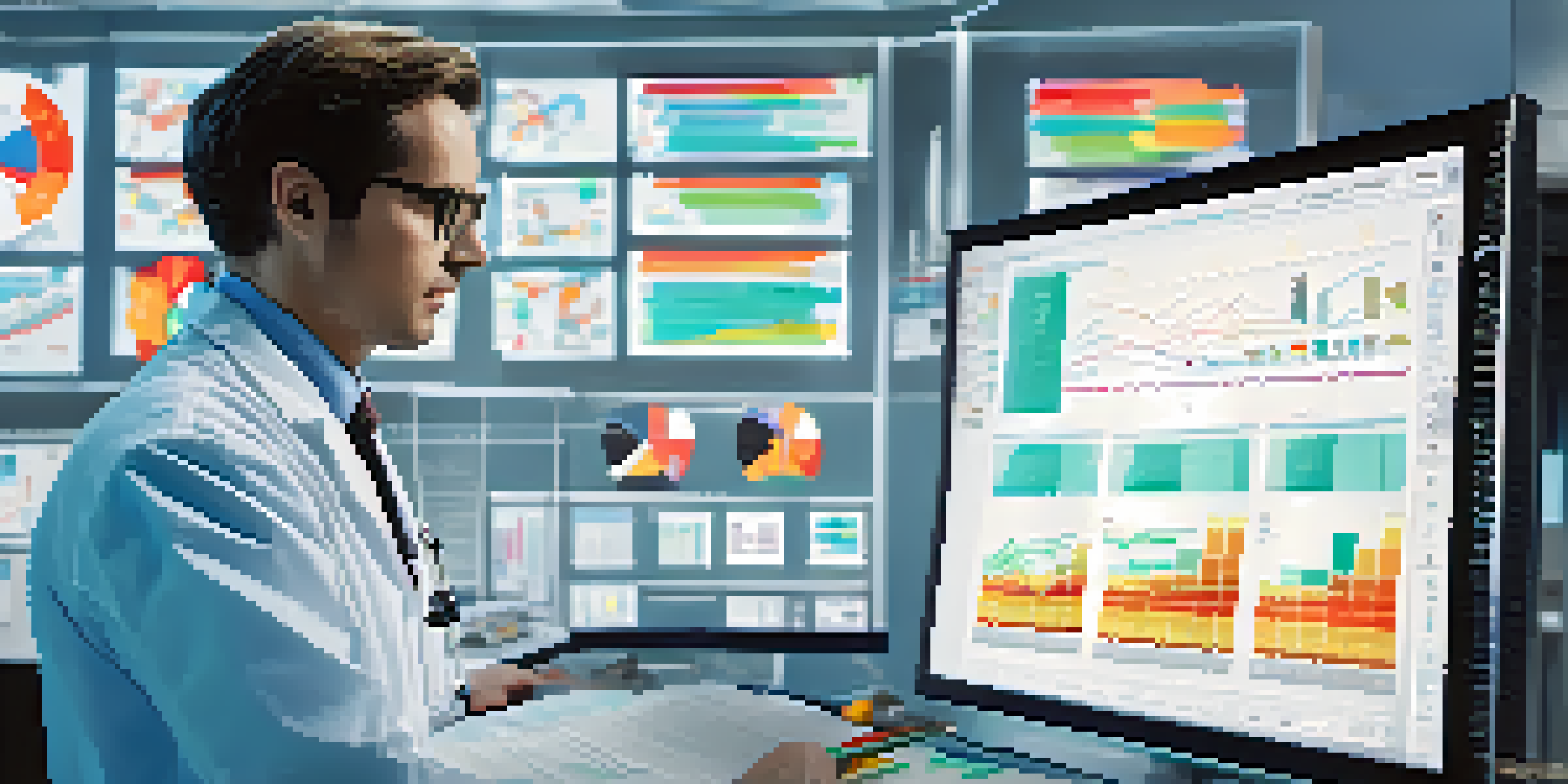 A healthcare professional reviewing data visualizations on a large screen in a modern medical setting.