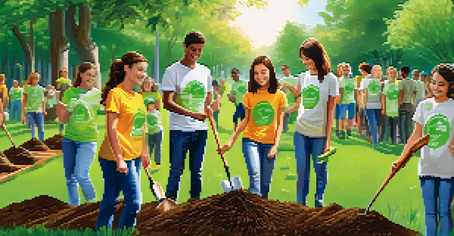 Young volunteers planting trees in a community park, smiling and working together in a sunny, green environment.