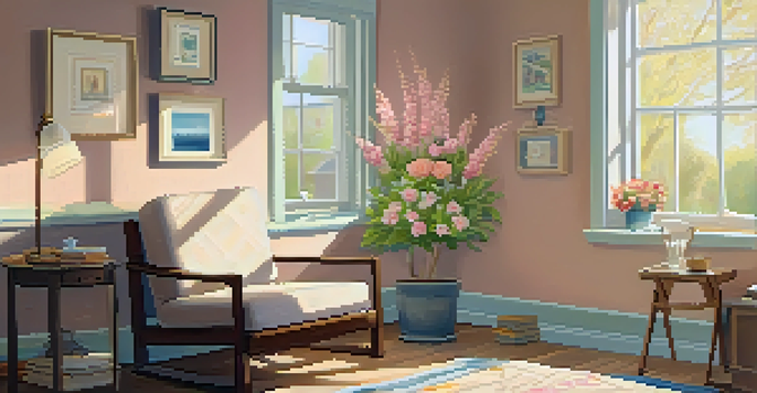 A cozy palliative care room with sunlight, flowers, and a family picture, evoking warmth and comfort.