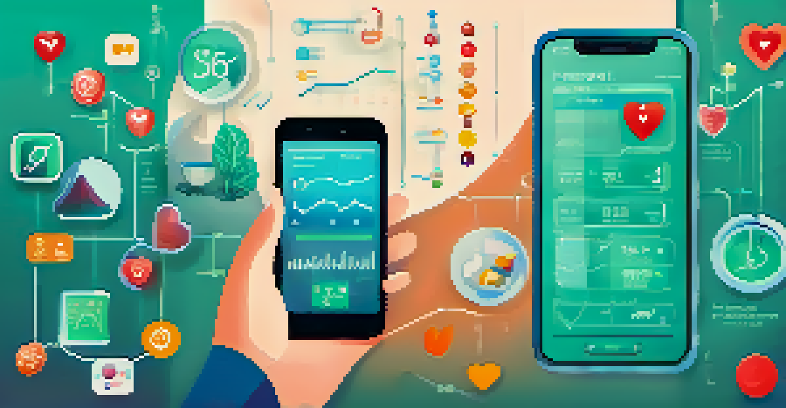 A person using a mobile app to track health data, surrounded by icons of health metrics in a vibrant setting.