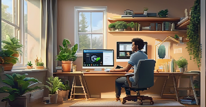 A person in a cozy home office participating in a telemedicine consultation on their laptop, with warm lighting and plants in the background.
