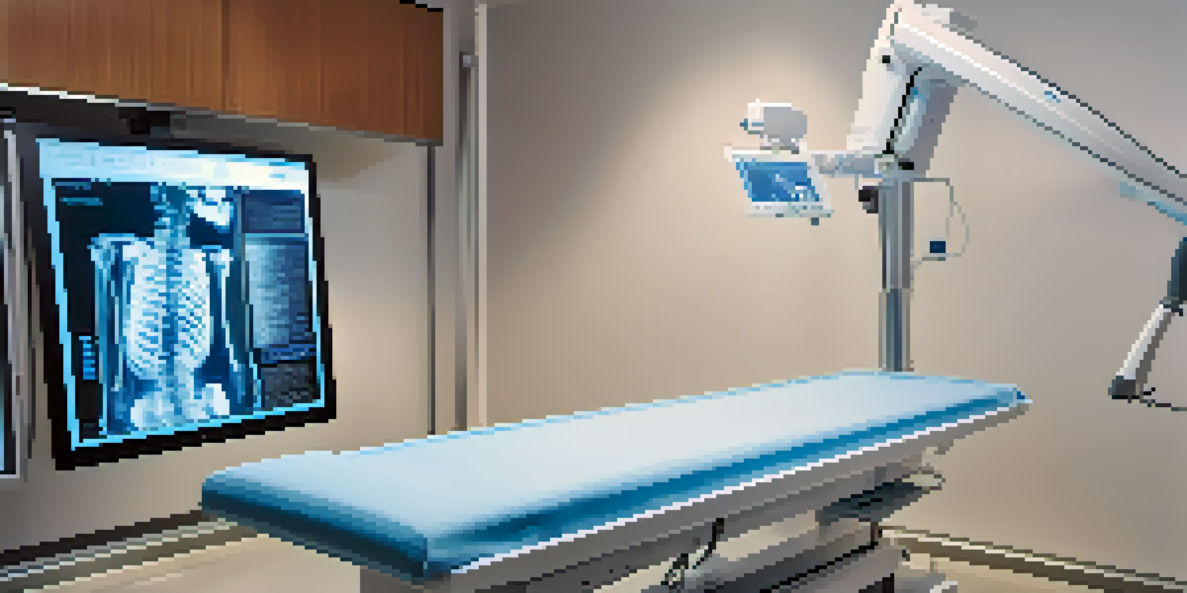 A modern digital X-ray machine with a glowing interface and an outline of a human skeleton on the screen.