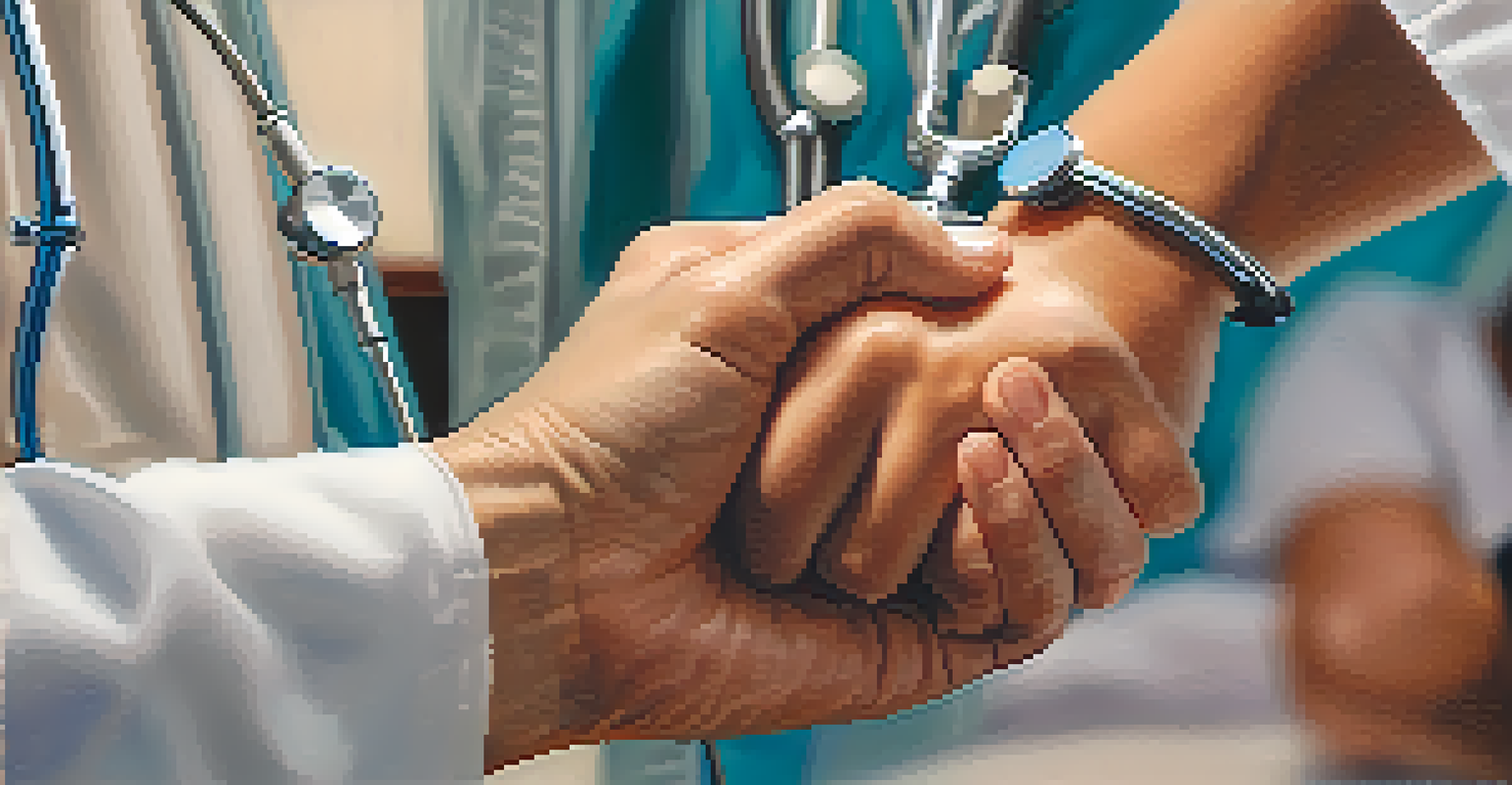 A close-up of a healthcare professional's hands holding a patient's hand, with a soft-focus background of a clinic.