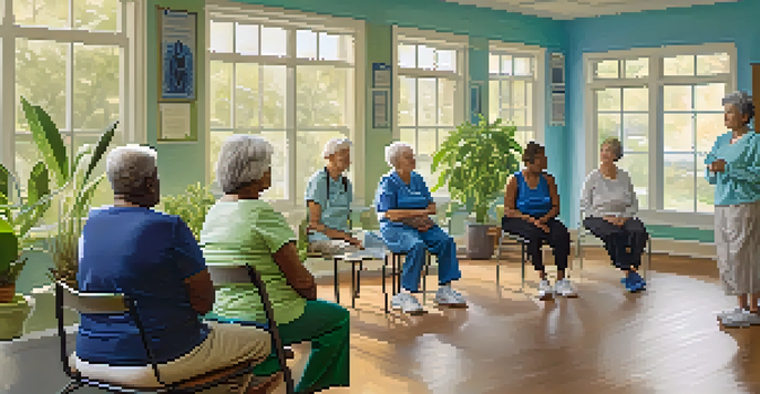 A group of COPD patients participating in a rehabilitation session in a bright, welcoming room with an instructor, showcasing a supportive environment.