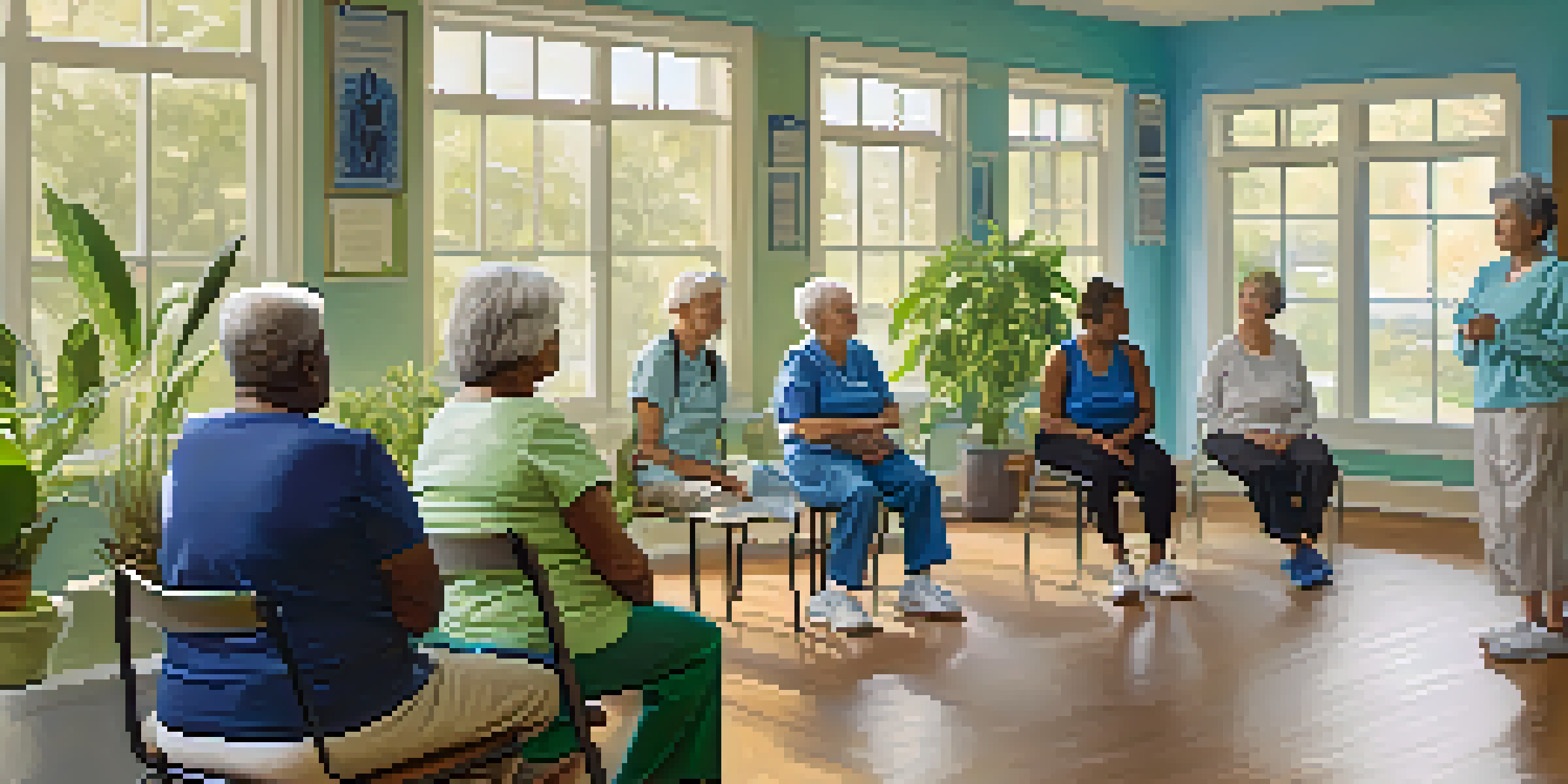A group of COPD patients participating in a rehabilitation session in a bright, welcoming room with an instructor, showcasing a supportive environment.