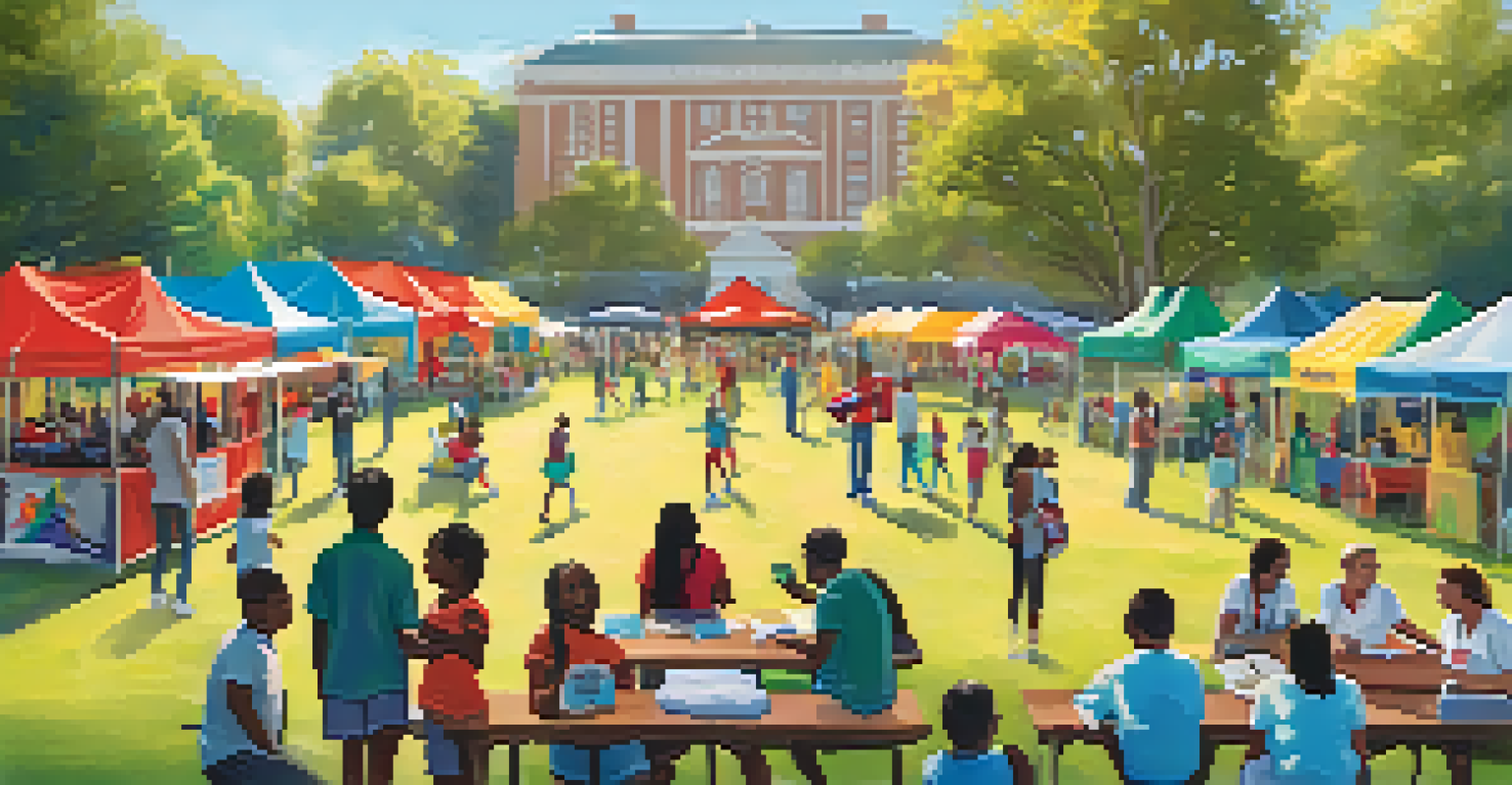 A community health fair in a park with colorful tents, diverse people, and a banner.