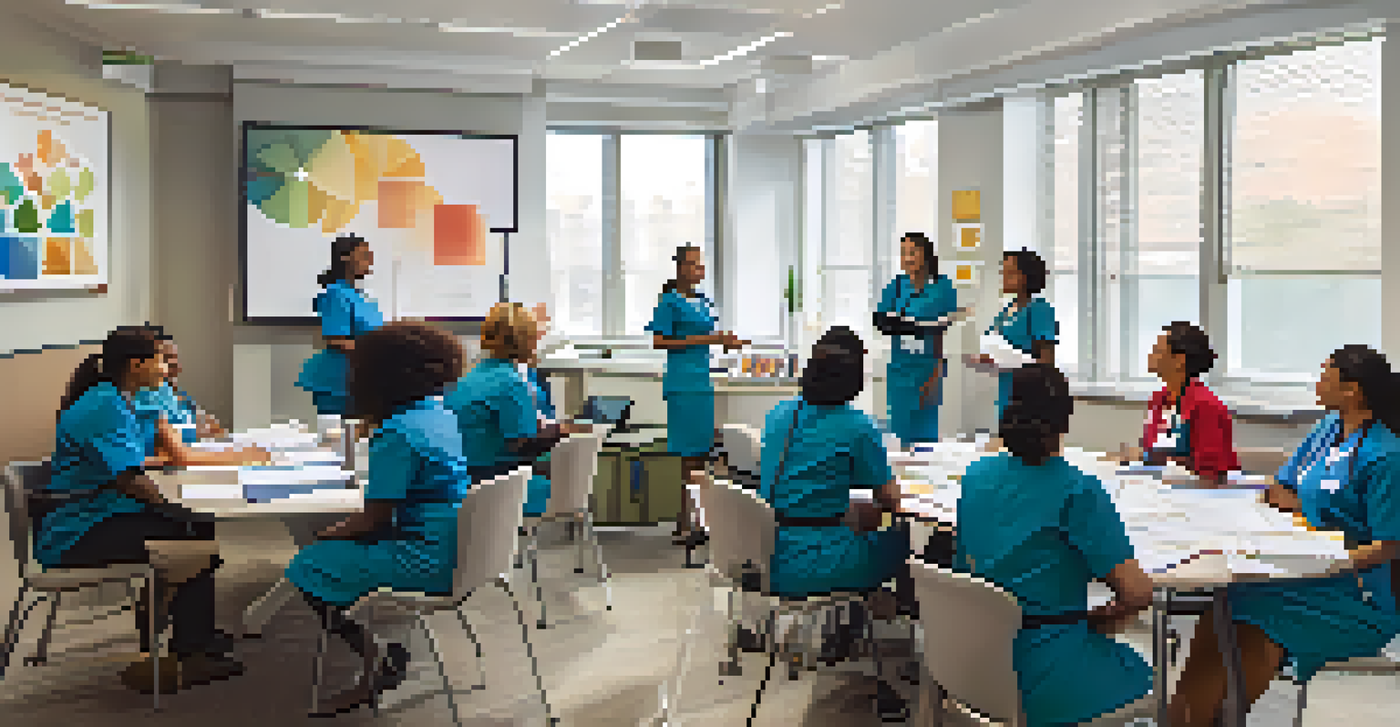A diverse group of nurses in a conference room participating in a training session on ethical decision-making.