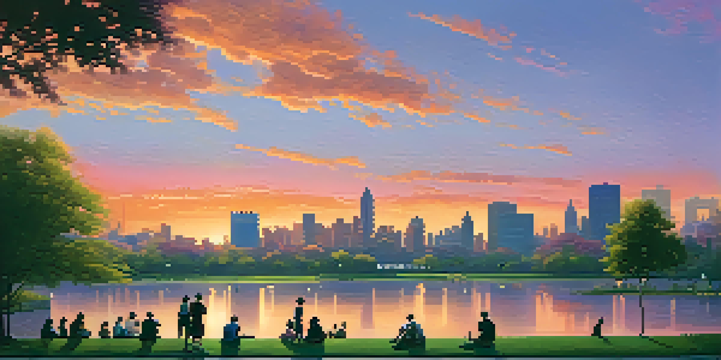 A city skyline at sunset with colorful skies and people walking in a park.