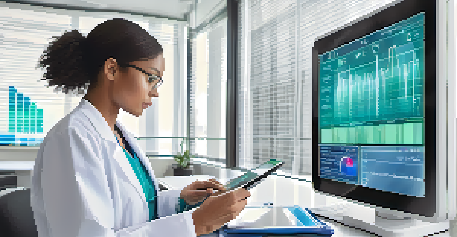 A healthcare professional analyzing patient data on a tablet in a bright office with medical equipment and plants.