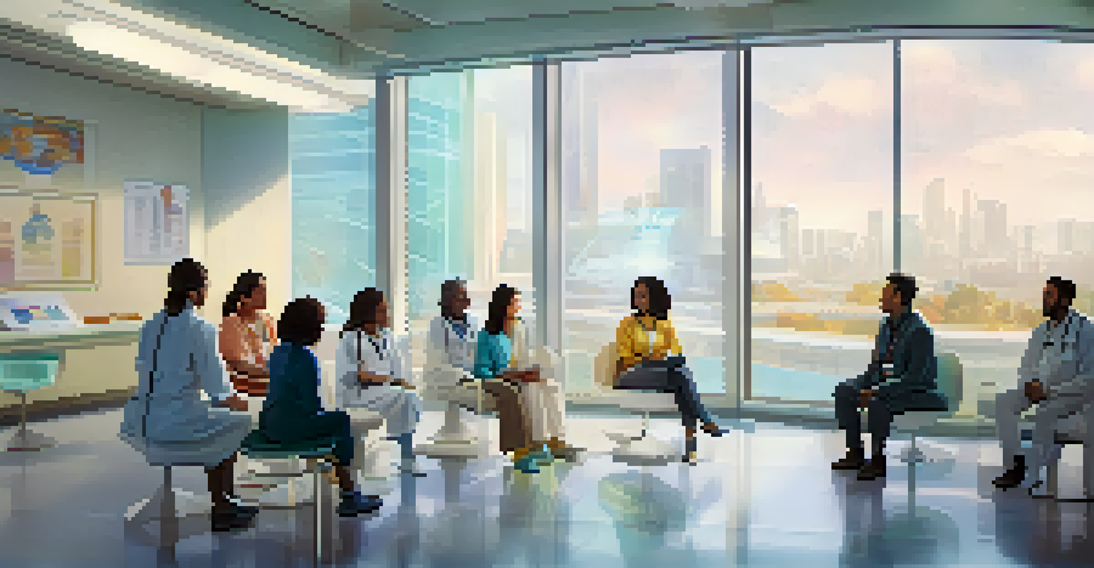 A diverse group of patients in a modern clinic discussing treatment plans with a healthcare professional, with digital screens displaying personalized data in the background.