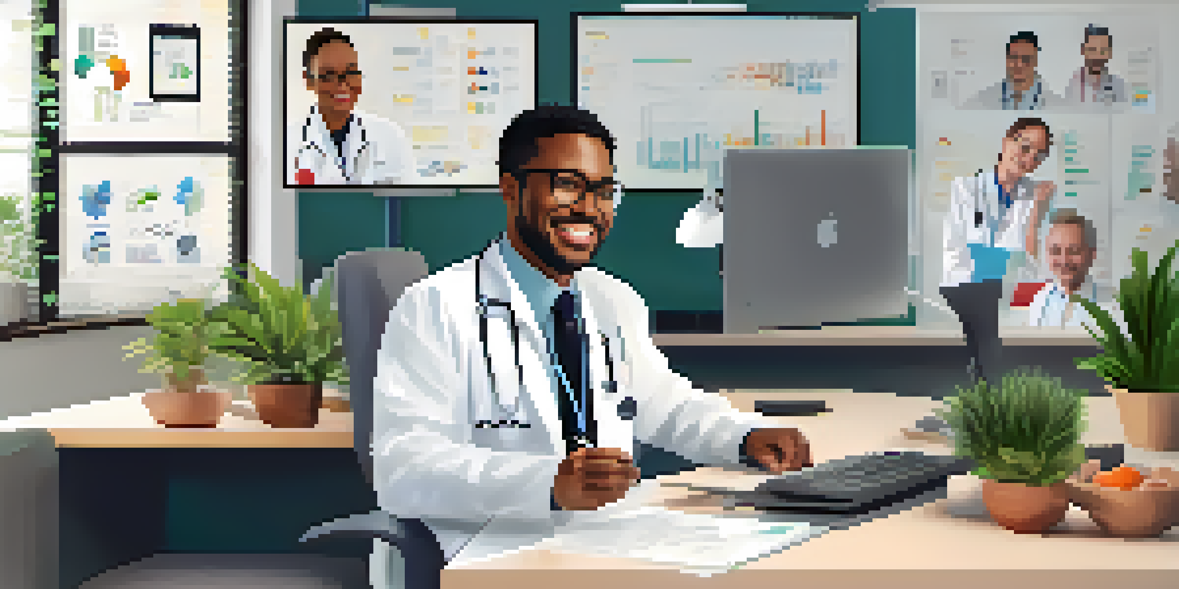 A healthcare professional smiling during a video call with a patient, in a bright and modern office setting.