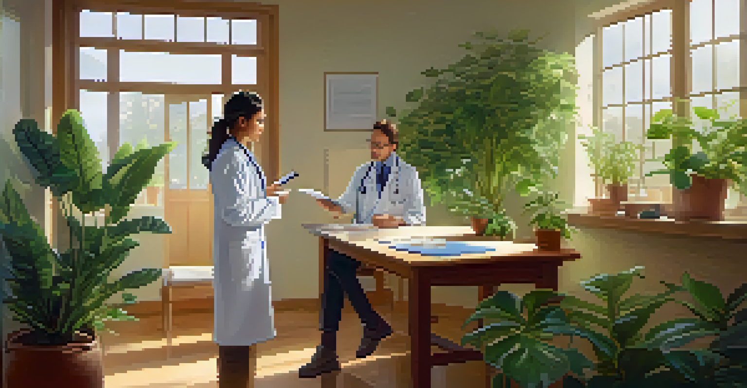 A doctor explaining genetic test results to a patient in a bright and welcoming healthcare environment.