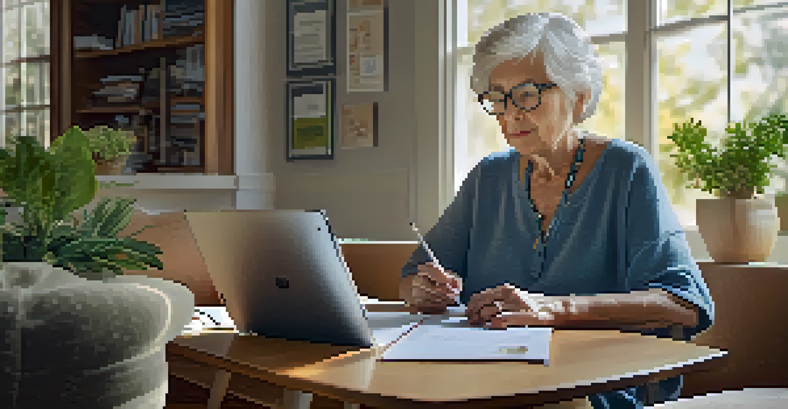 An elderly woman sitting in a cozy living room, using a tablet to access health information, with pamphlets on the coffee table.