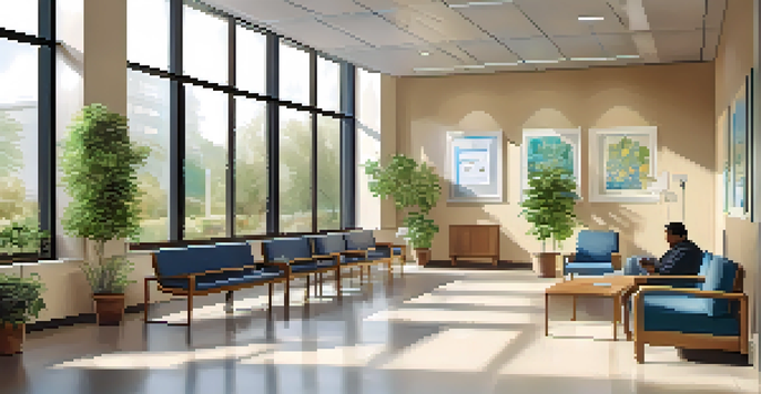 A bright and welcoming hospital waiting room with diverse patients sitting and interacting, surrounded by plants and calming artwork.