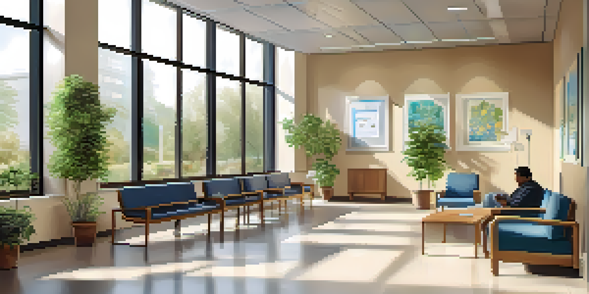 A bright and welcoming hospital waiting room with diverse patients sitting and interacting, surrounded by plants and calming artwork.