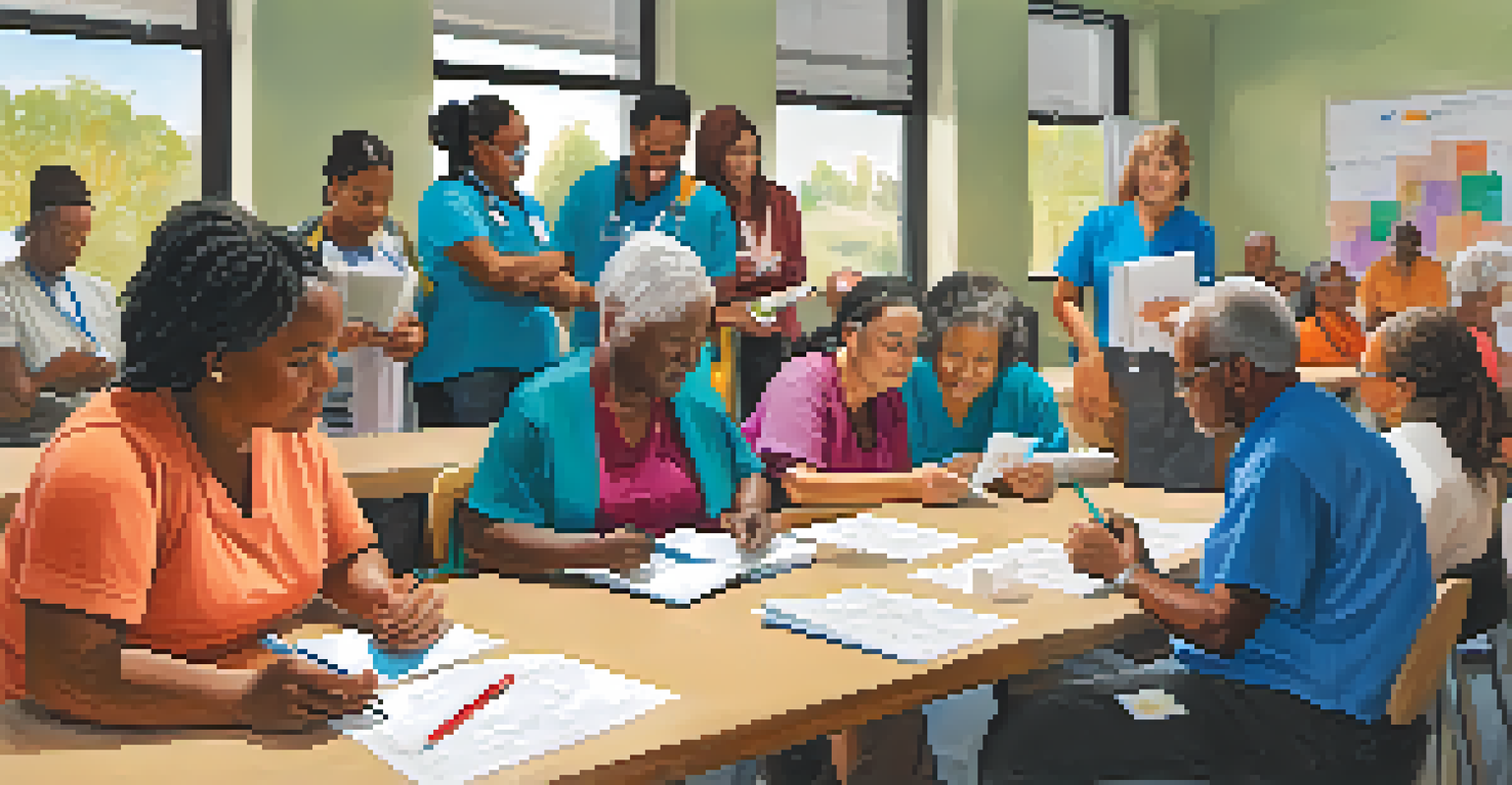 A community health workshop with diverse patients and a healthcare provider discussing health literacy and education.