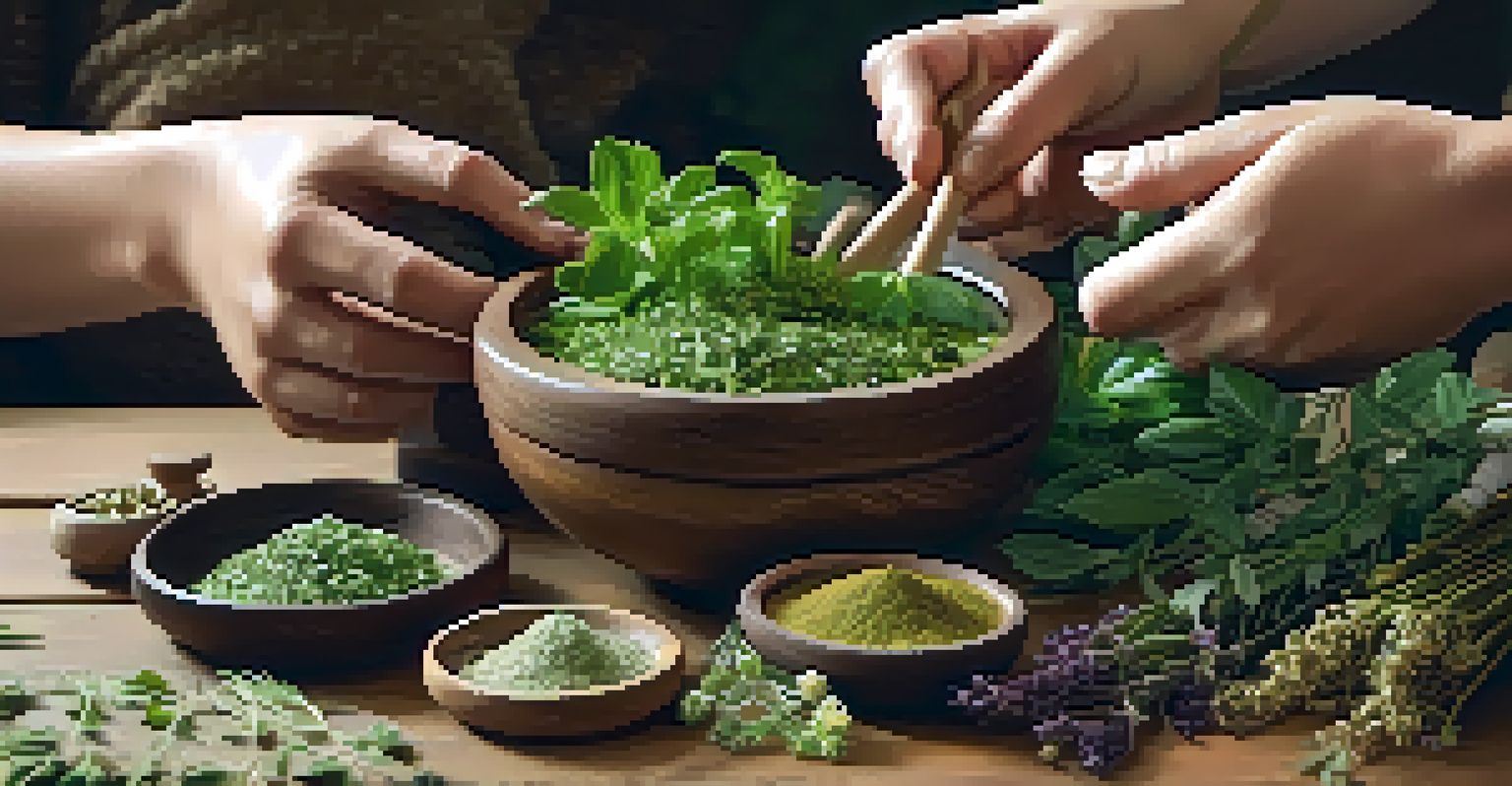 Close-up of hands preparing herbal remedies with fresh herbs and a mortar and pestle on a wooden surface.