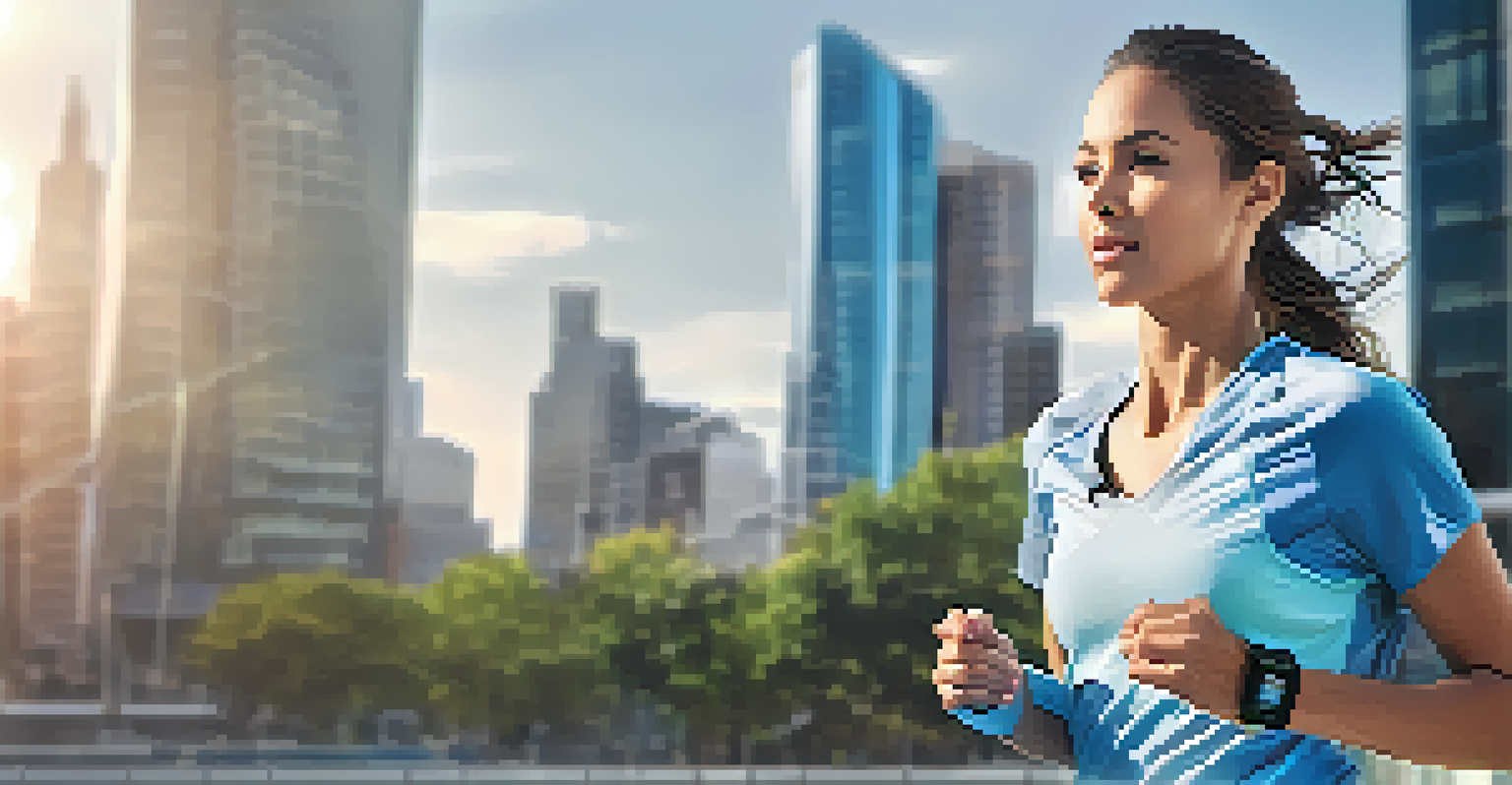 A woman jogging in a city, using a wearable fitness tracker, with digital health data overlaid on the image, highlighting technology's role in health.