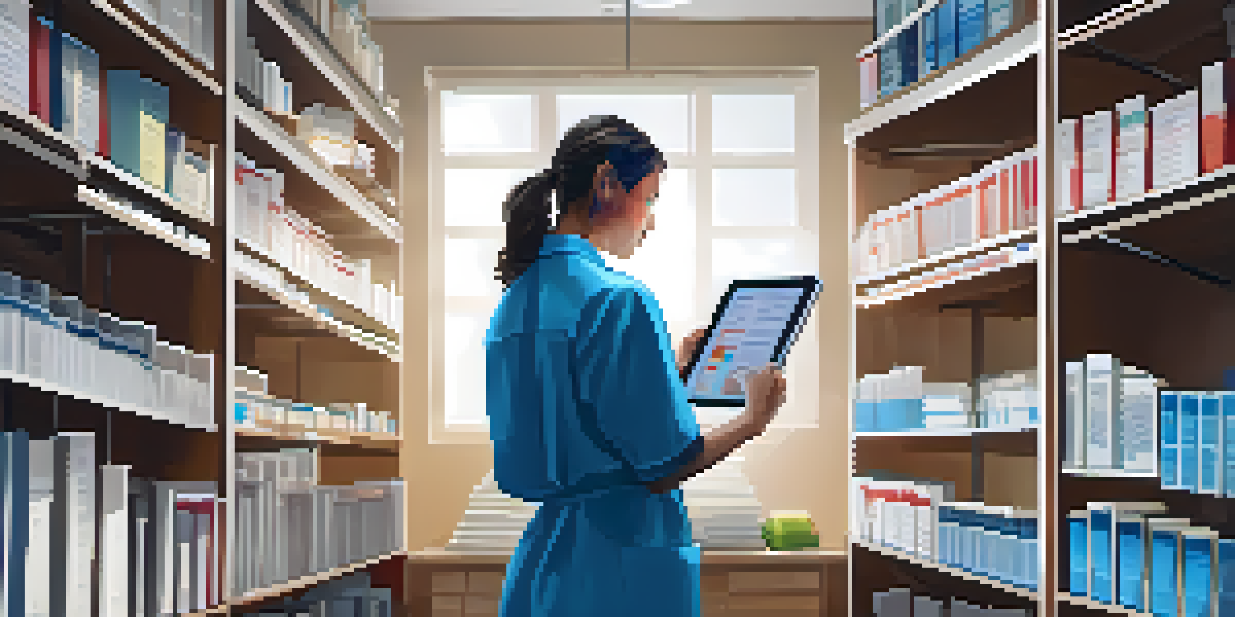 A healthcare professional examining a digital tablet with medical data in a well-lit office filled with books.