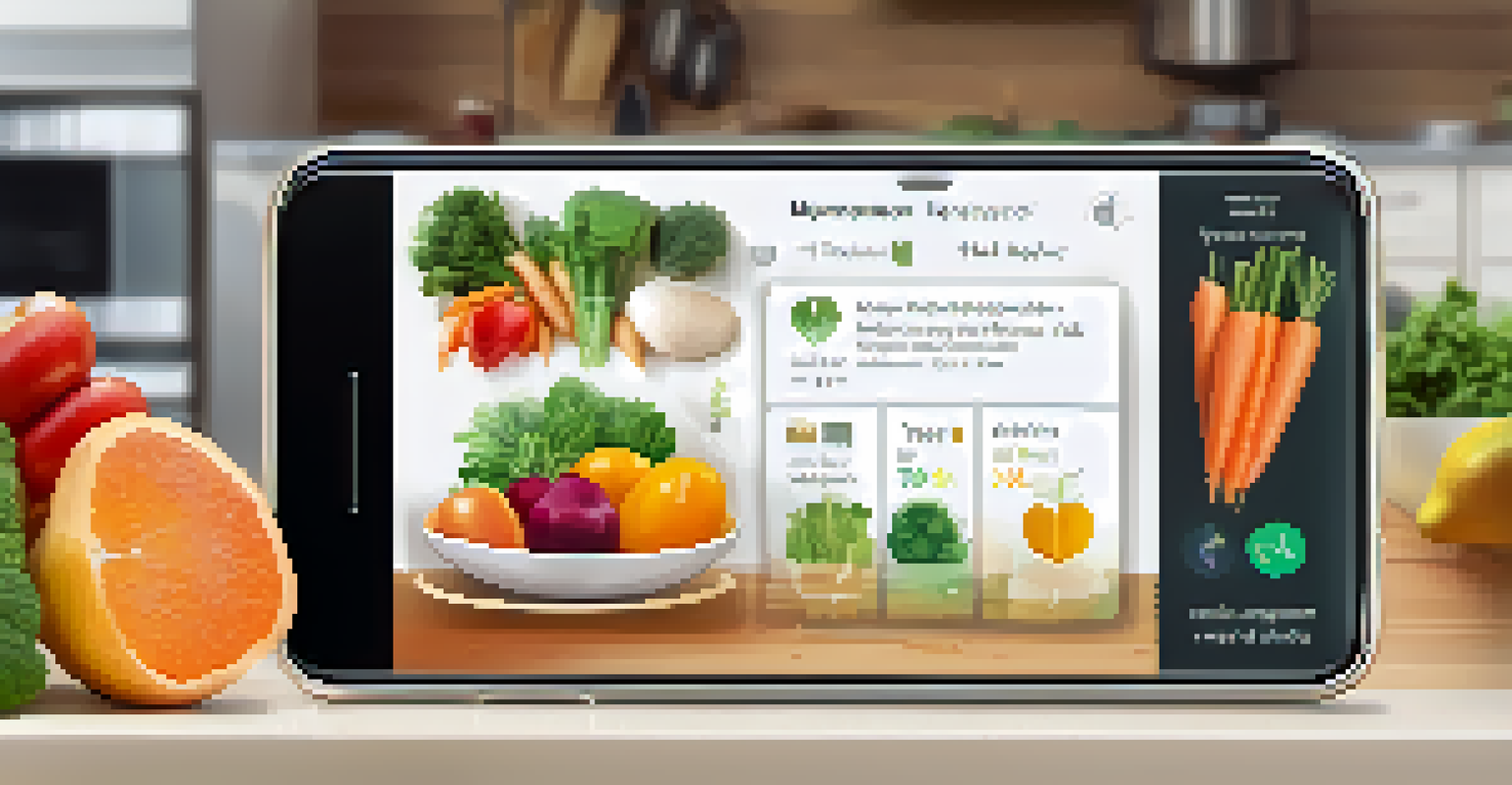 A smartphone showing a health app tracking activity and diet, set against a kitchen background with fresh fruits and vegetables.