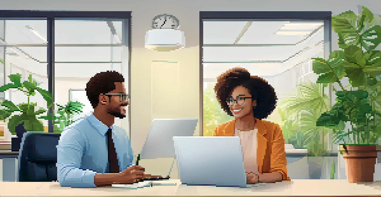 A healthcare leader mentoring a young professional in a bright office, pointing at a laptop screen.