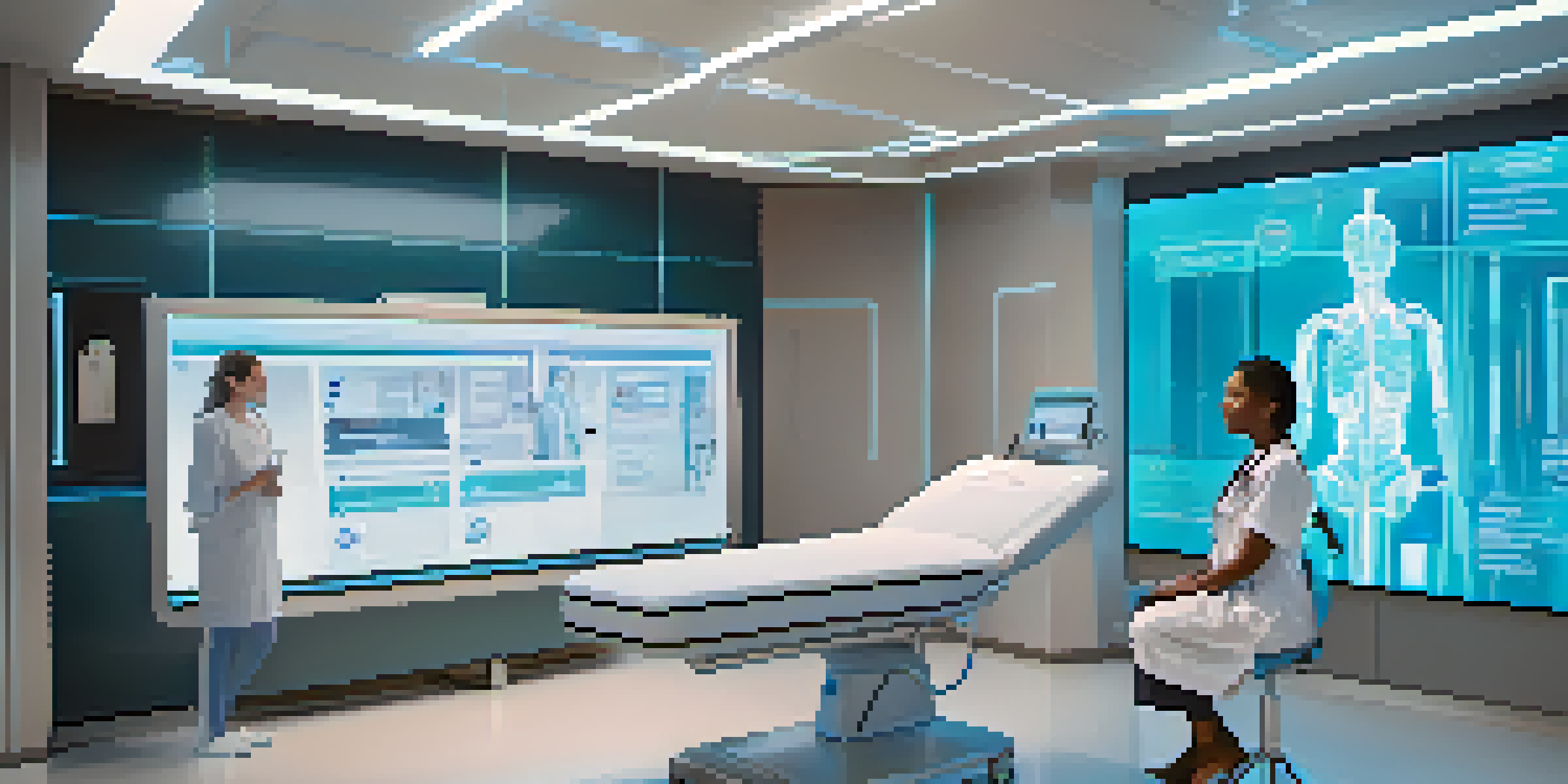 A modern healthcare environment with an AI virtual assistant interacting with a patient on a screen, featuring a futuristic design and calming colors.