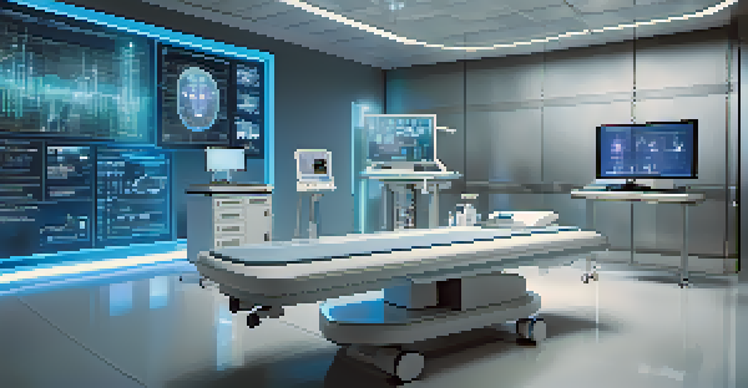 A futuristic lab with holographic data analytics visuals representing patient outcomes and treatment effectiveness.