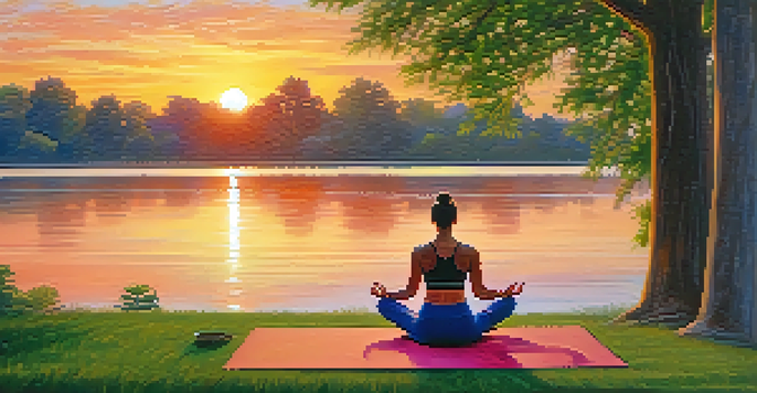 A person practicing yoga in a park at sunset, surrounded by greenery and a calm lake.