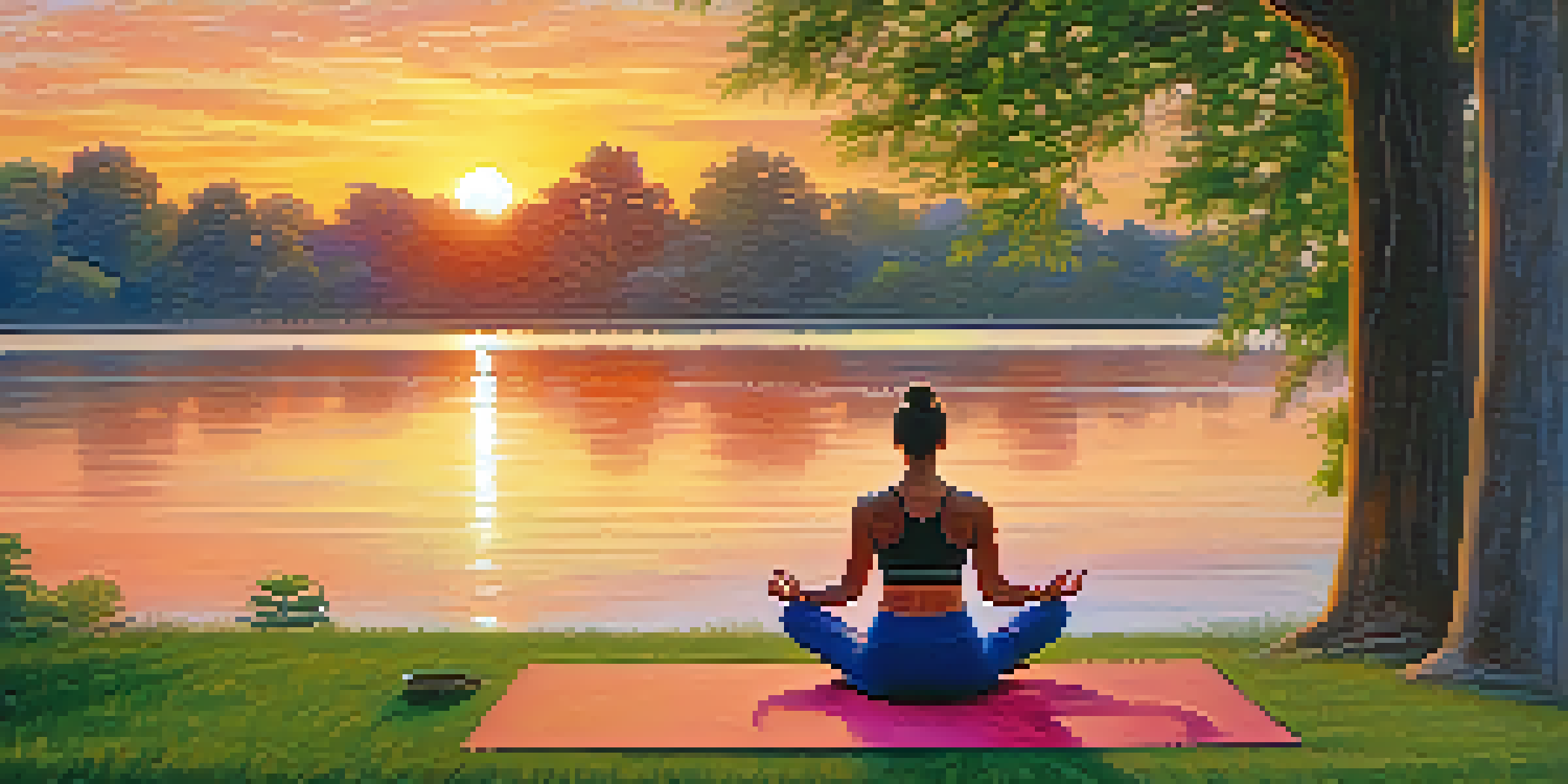 A person practicing yoga in a park at sunset, surrounded by greenery and a calm lake.