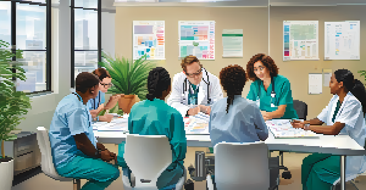 A diverse team of healthcare professionals collaborating on patient care in a modern office setting.